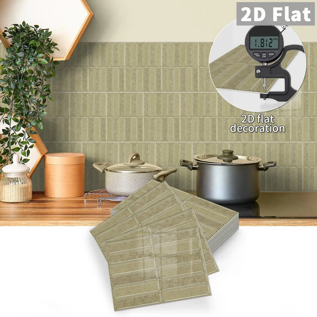 Self-adhesive peel-and-stick tile decals in muted olive rectangular grid pattern