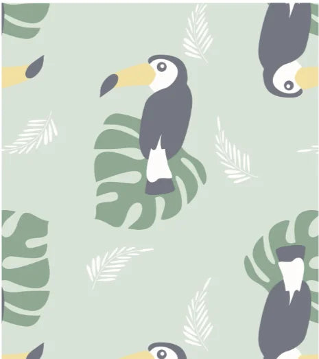 Baby diaper print with toucan and tropical leaf pattern on light green background. Cute nursery baby care design.
