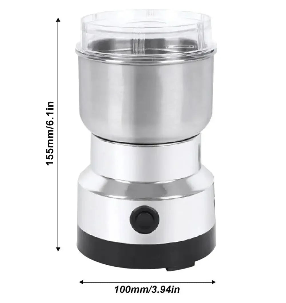 Compact silver stainless steel electric coffee bean grinder with clear lid, 155mm tall and 100mm wide.