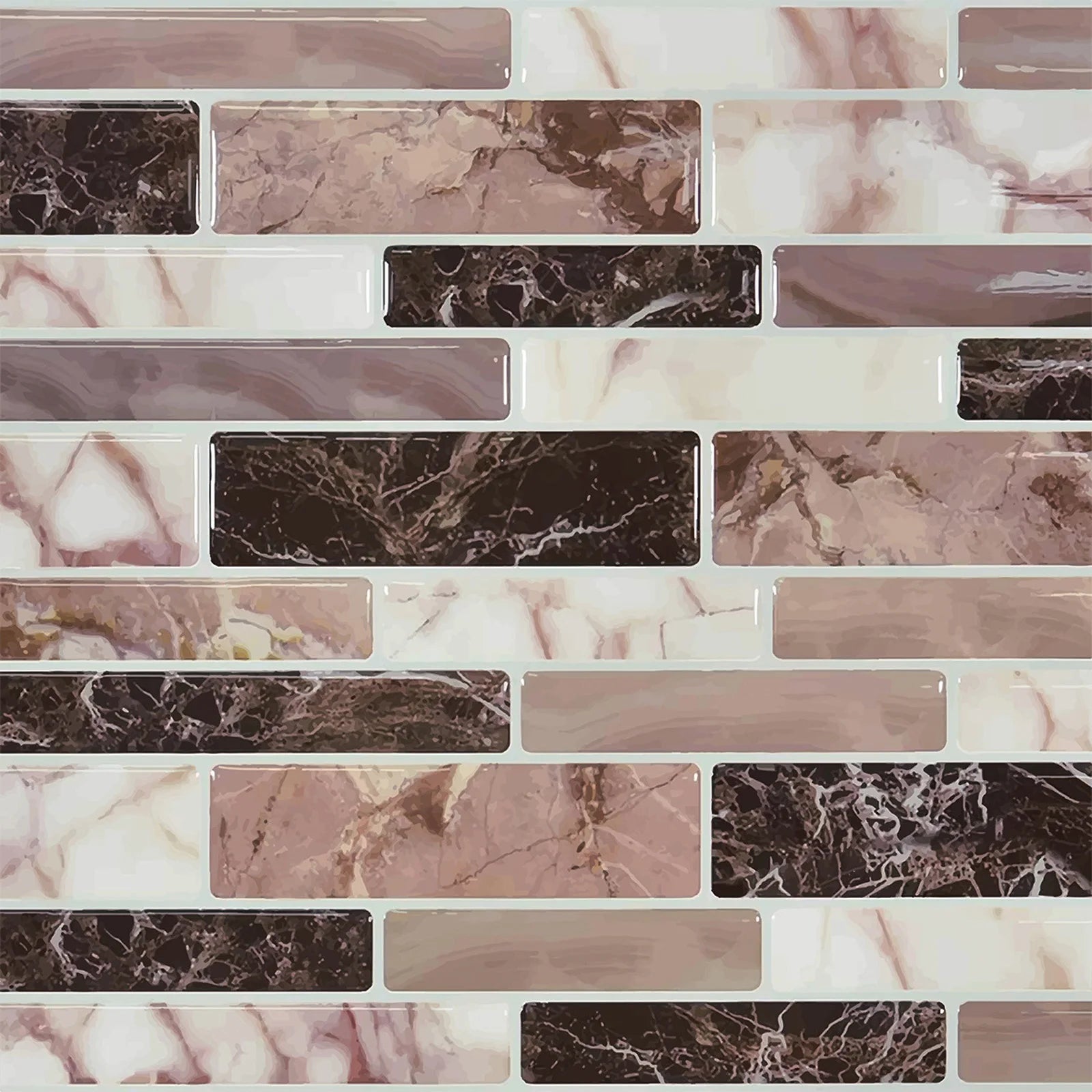Close-up of 3D self-adhesive mosaic tile stickers in pink, white, and dark marble bricks