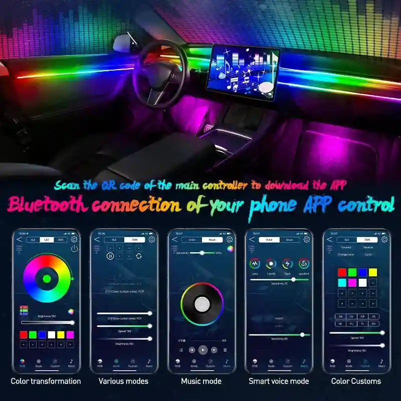 RGB car interior LED light strips controlled by a phone app, shown installed in a vehicle dashboard.