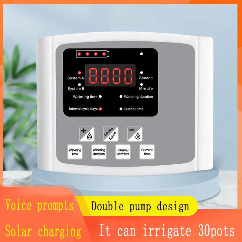 Garden Drip Irrigation Device Double Pump Controller Timer System, Solar Energy Intelligent Automatic Watering Device for Plants