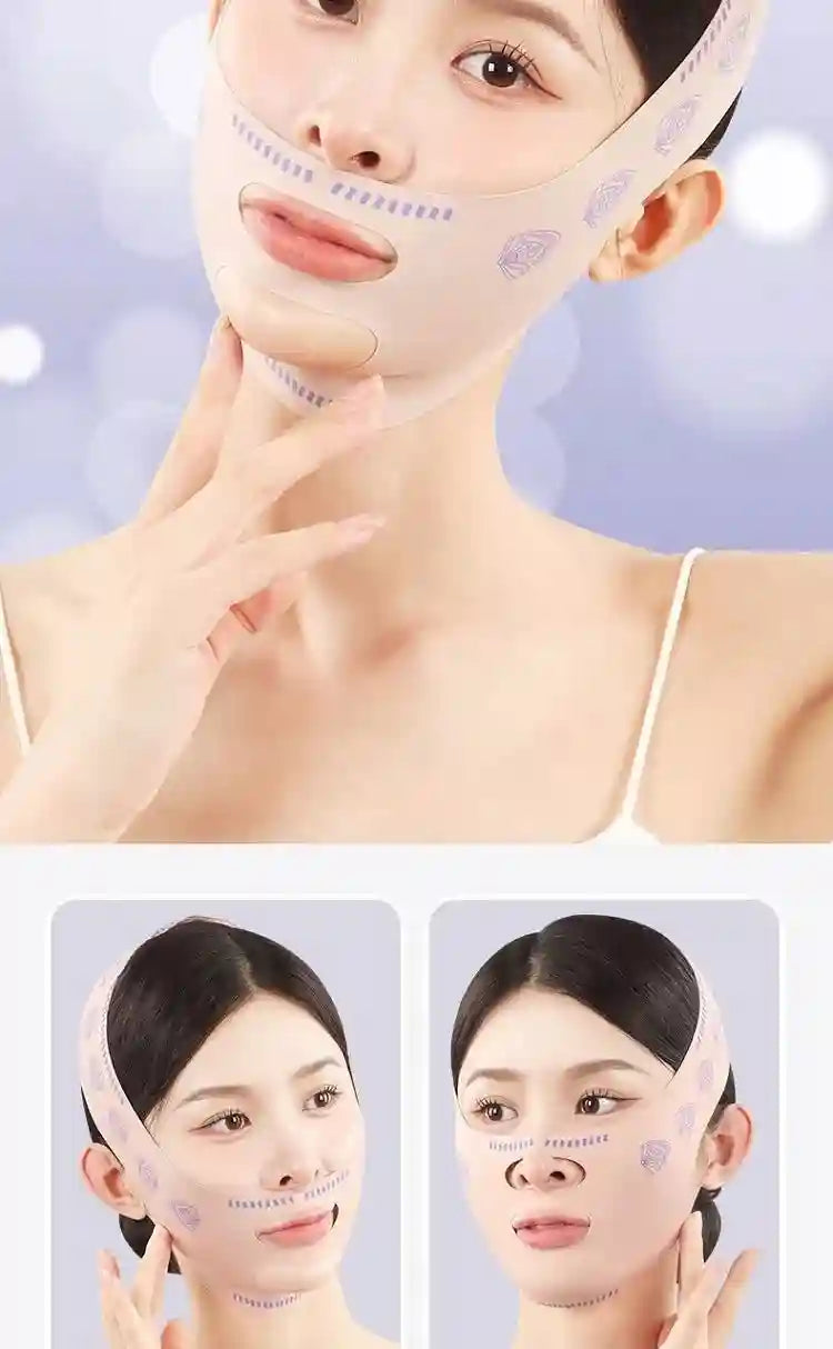 Nude V-line slimming face mask with butterfly print, adjustable chin strap for face lifting and double chin reduction.