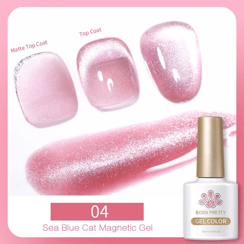 Pink cat magnetic nail gel in a 10ml bottle, shown with matte and glossy finishes on nail swatches.