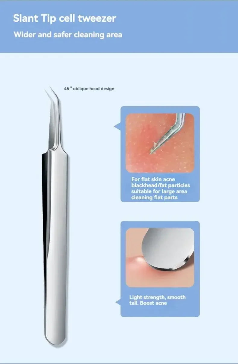 Silver stainless steel slant-tip acne tweezer with a 45-degree angled head for blackhead extraction.