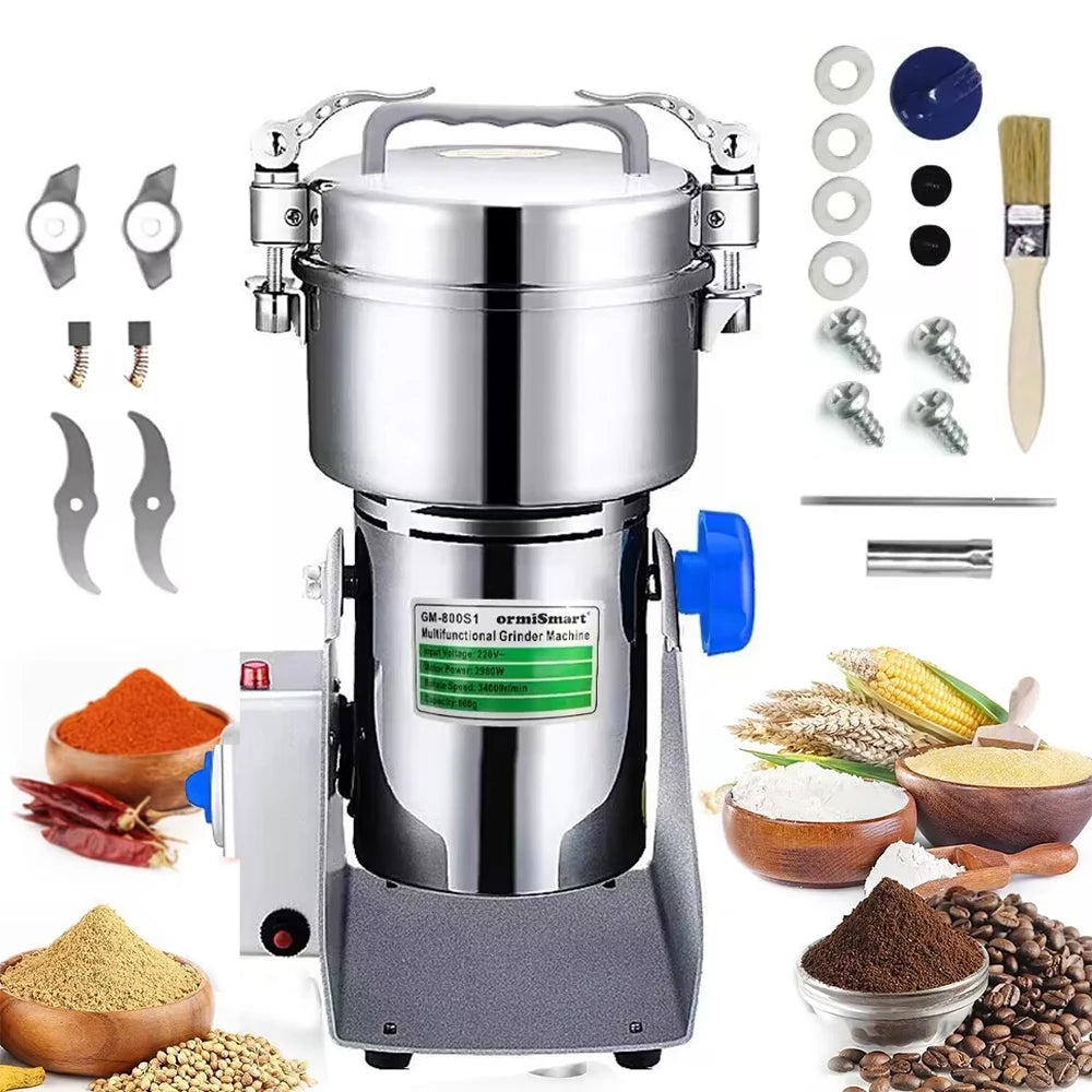 OrmiSmart 800g stainless steel multifunctional electric grinder for coffee, spices, and grains with accessory kit.