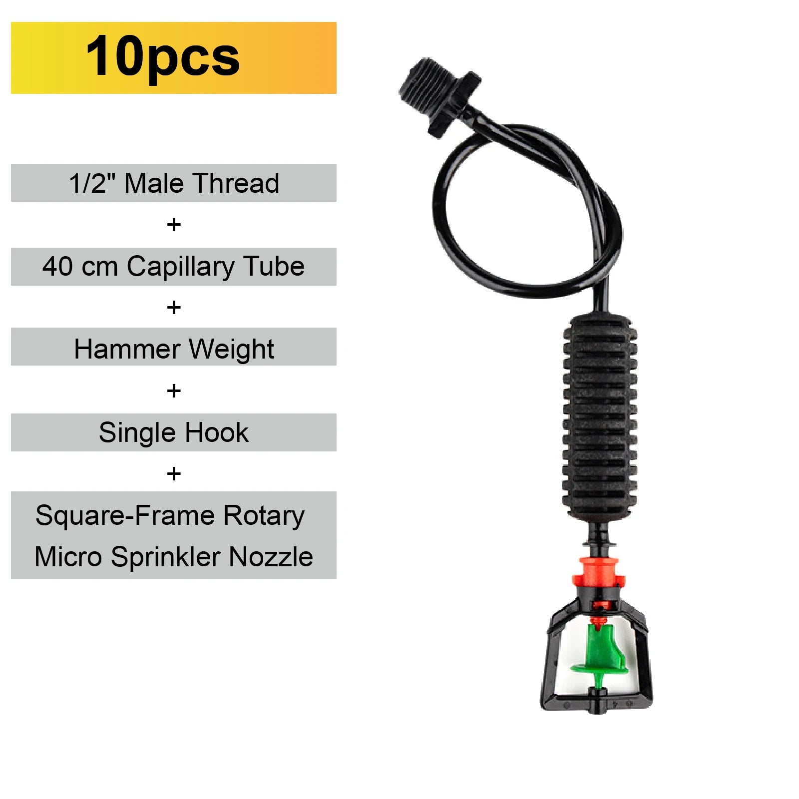 Square-frame rotary micro sprinkler nozzle set with orange mounting and green sprayer