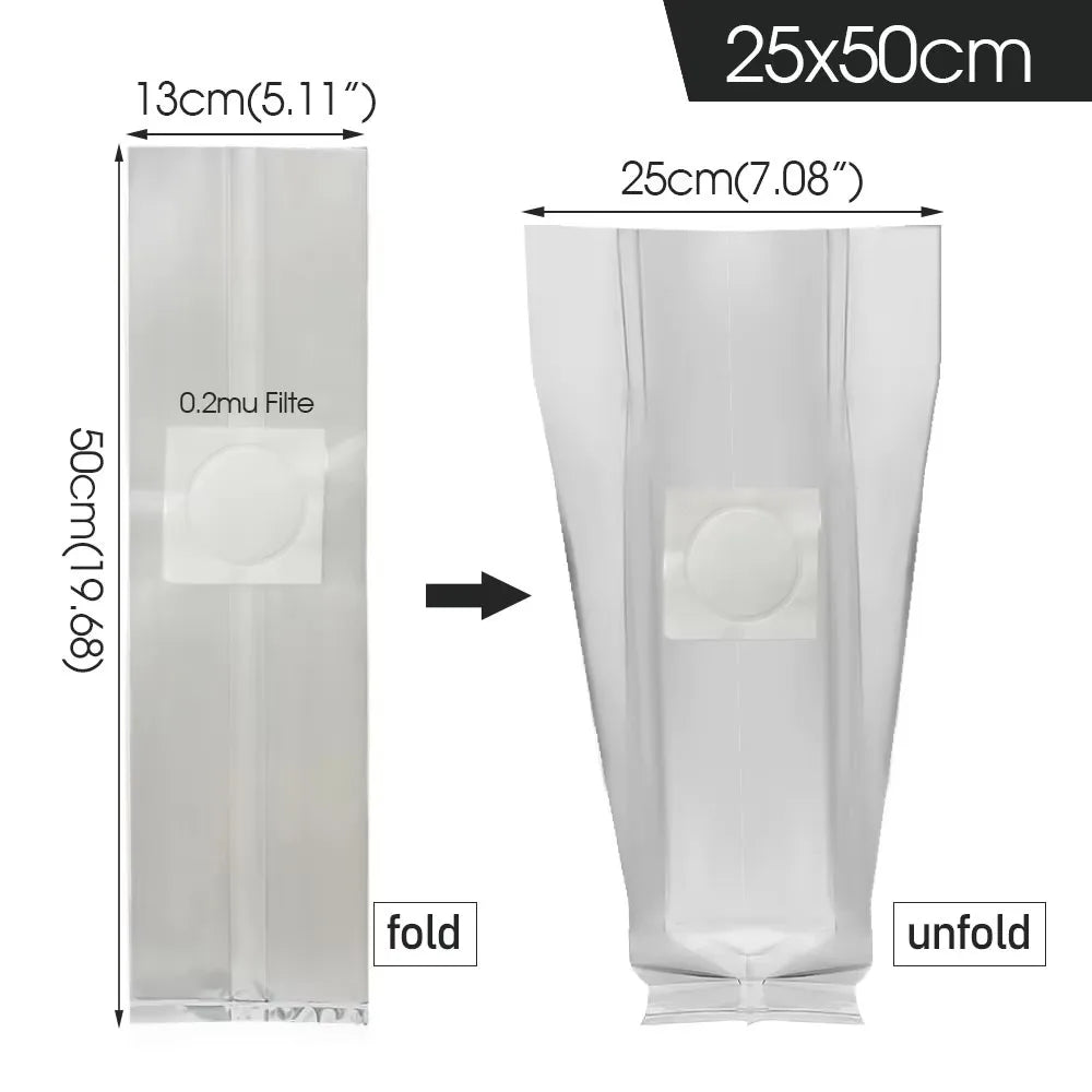 Clear mushroom spawn grow bag for adaptogen powder or extract cultivation with 0.2-micron filter for optimal growth.