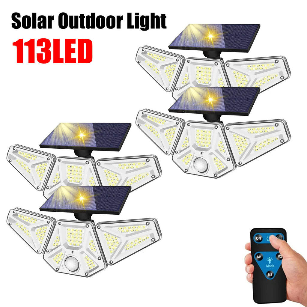 1/2Pcs Solar Outdoor Lights, 113 LED Security Lights With Remote Control, 270 Degree Angle Adjusted, Outdoor IP65 Waterproof, 3 Lighting Modes, 1.5W Solar Panel, PIR Human Detect, Garden Yard Solar Wall Lights