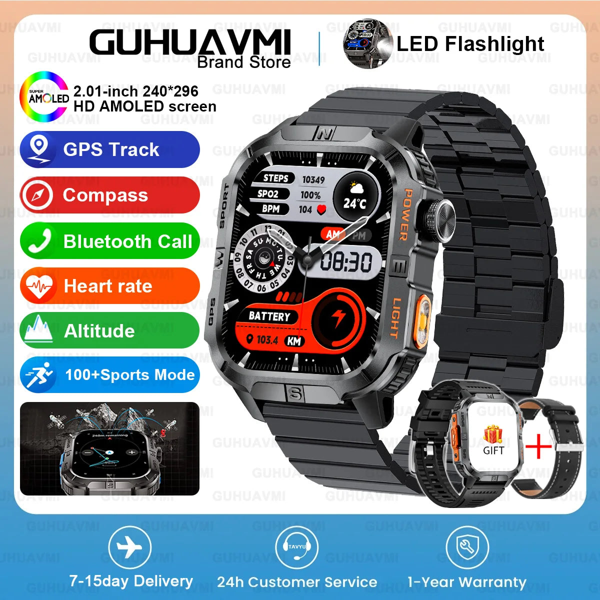 2026New Outdoor Military Men's Smartwatch, Equipped With GPS LED Lighting, Compass, Wireless Communication IP68 Waterproof Watch