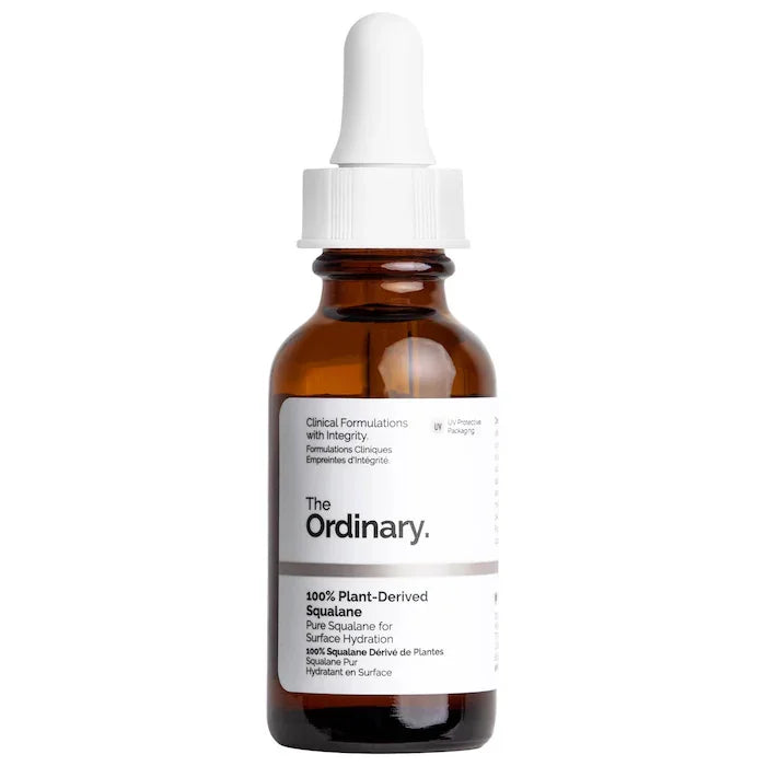 The Ordinary 100% plant-derived squalane serum in amber dropper bottle