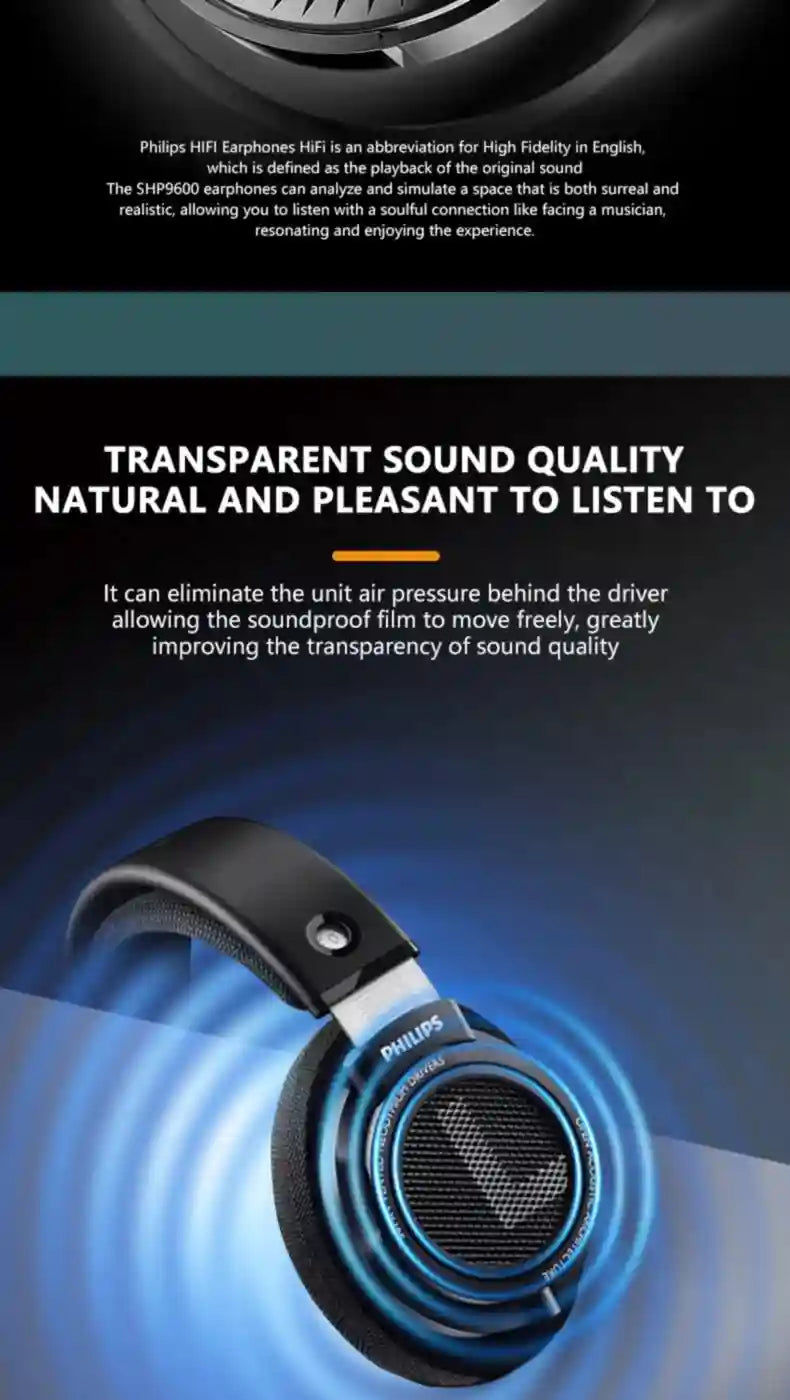 Philips SHP9500 Wired HiFi Headphones - Open Back Over-Ear Stereo Black Tidesmit