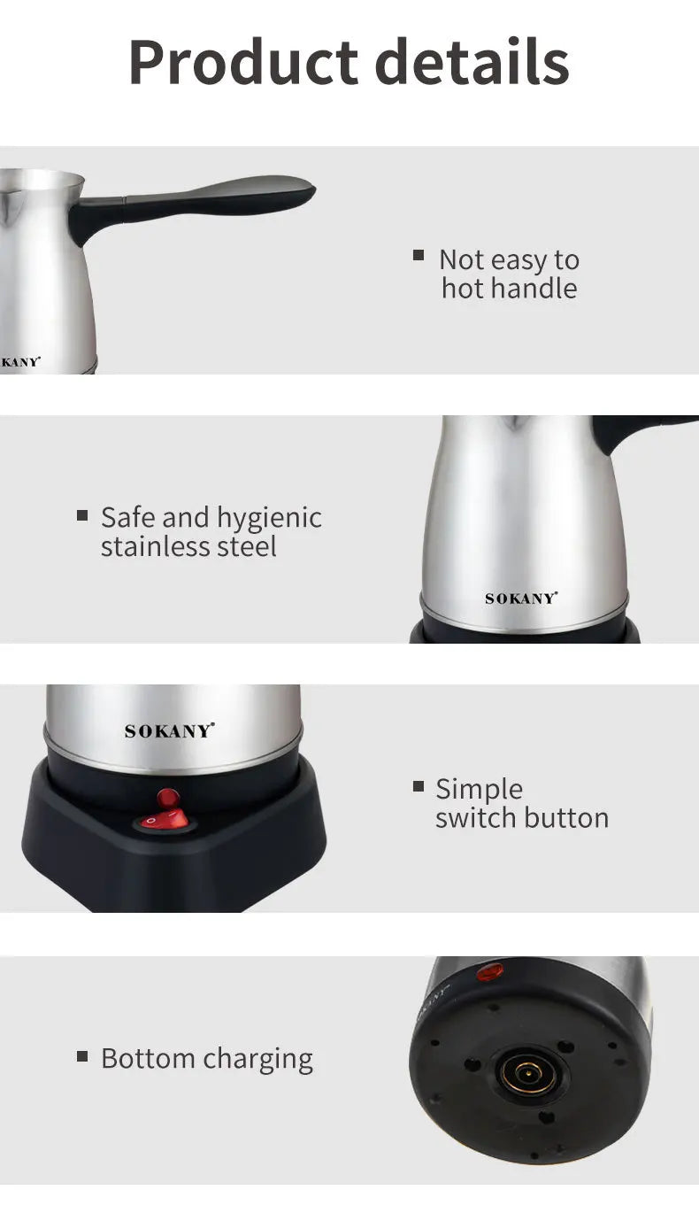 Sokany stainless steel electric Turkish coffee maker with cool-touch handle, power switch, and cordless base.