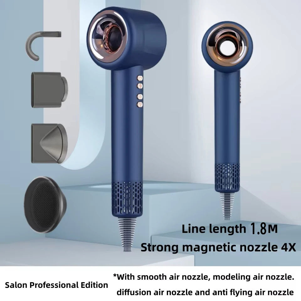 Blue 1600W silent ionic hair dryer with 4 magnetic styling attachments for professional salon-quality results.