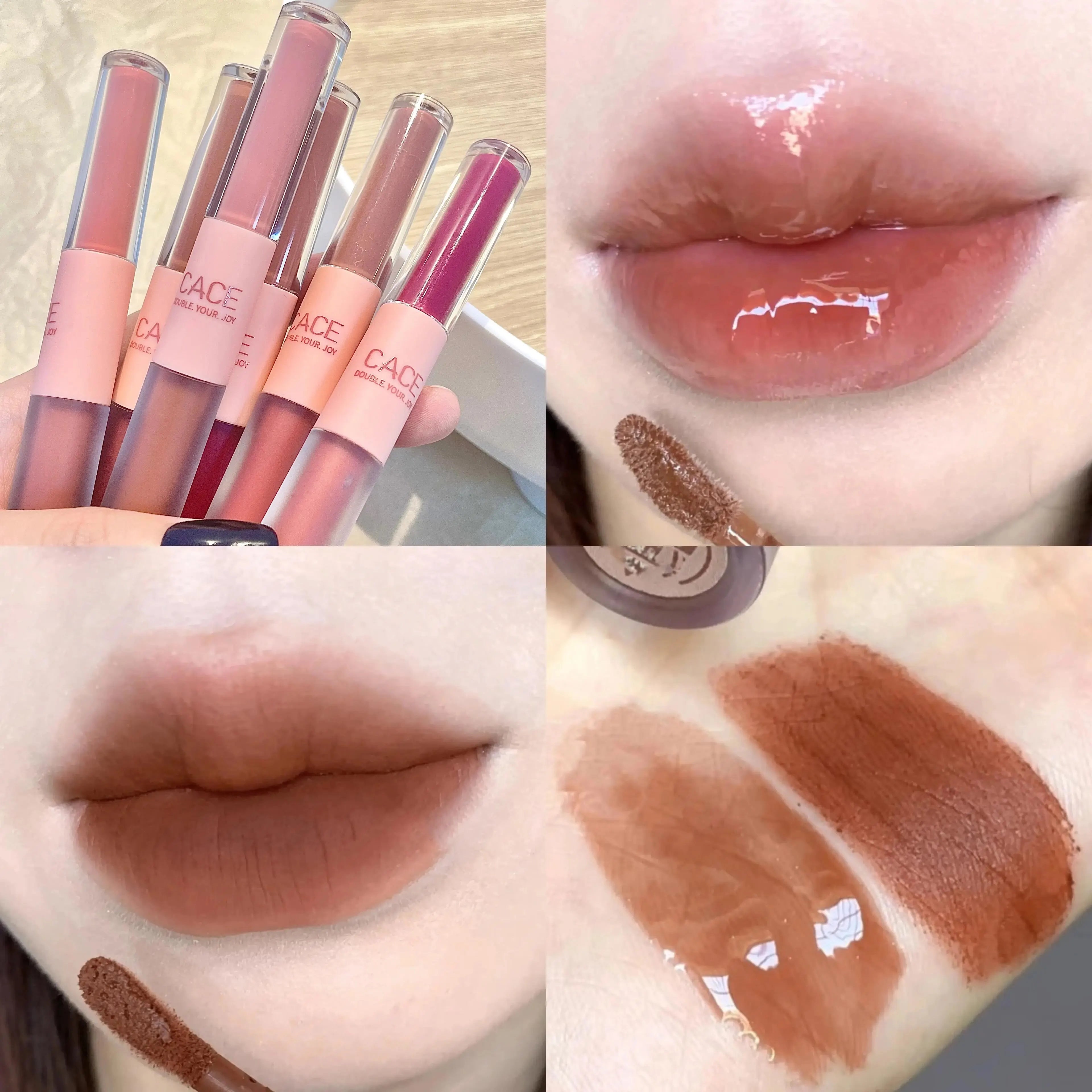 CACE double-ended lip glaze featuring matte lip mud and high-shine mirror water gloss in brown and nude red shades.