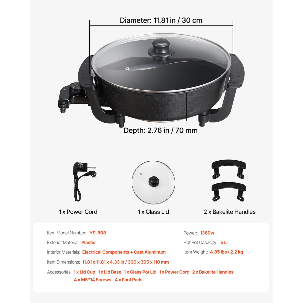 Black 5 L electric hot pot with glass lid and side handles, included power cord
