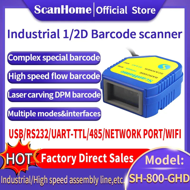 Blue industrial 1D/2D barcode scanner with yellow top label and front scanning window