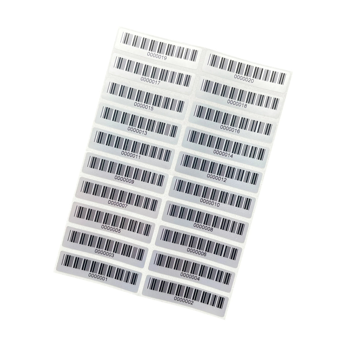 Matte silver PET barcode asset labels sheet with small rectangular labels arranged in rows