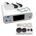 White radiofrequency therapy machine with a digital display, two handheld applicators, and various metal treatment