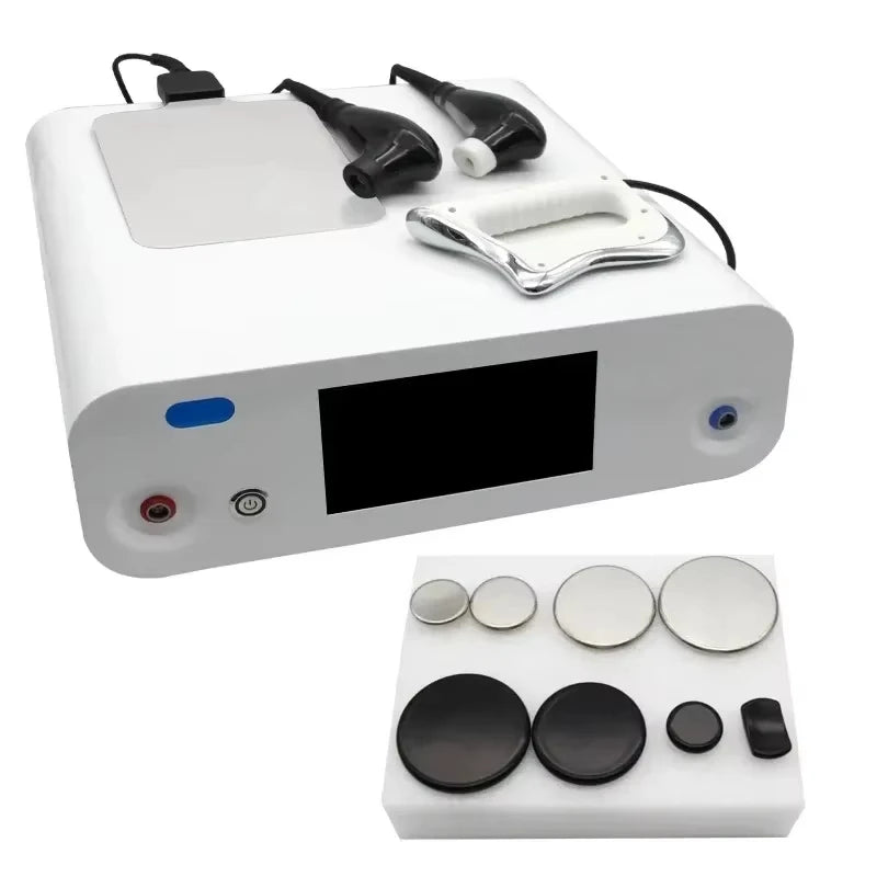 White radiofrequency therapy machine with a digital display, two handheld applicators, and various metal treatment