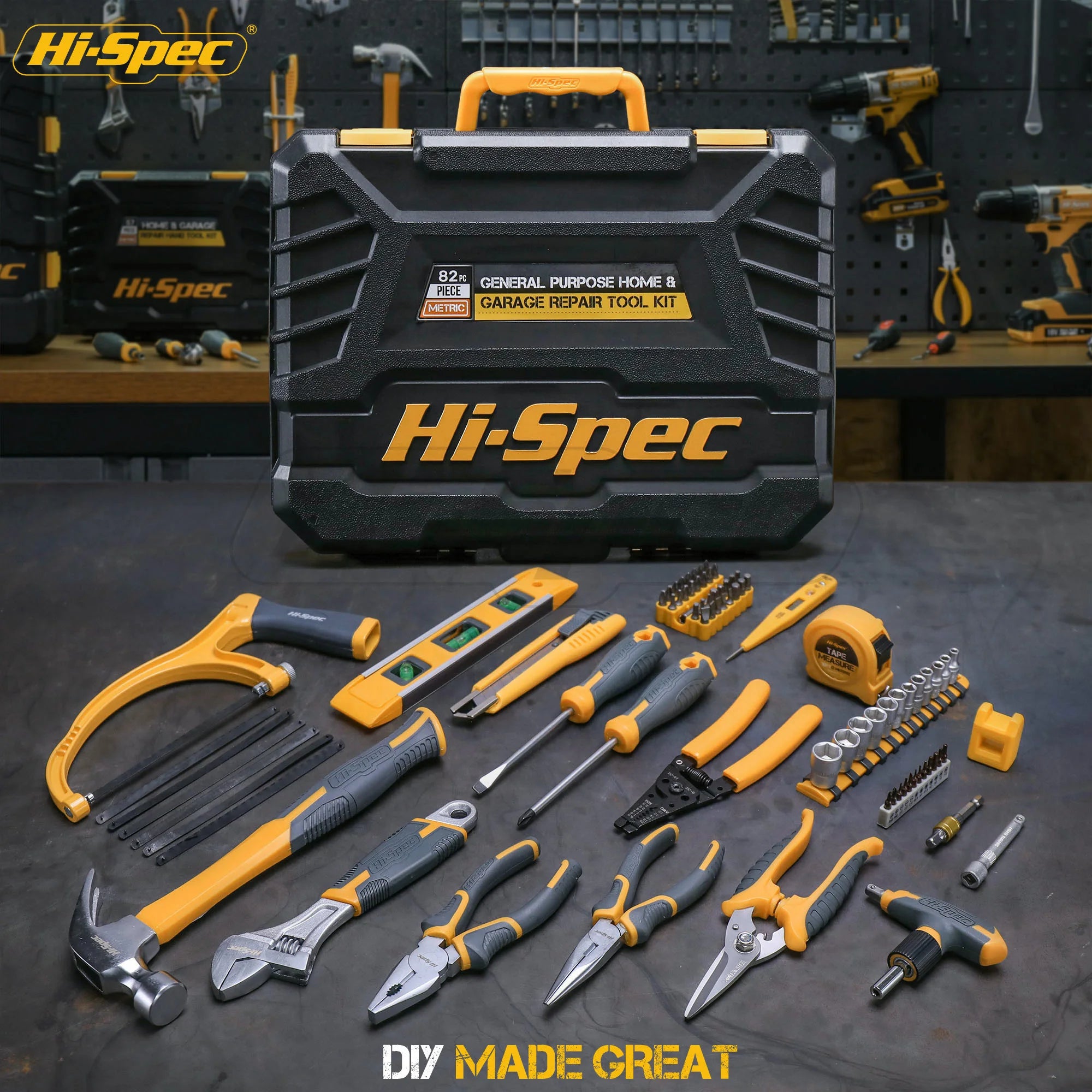 Hi-Spec 82 Pieces Household Tool Kit Set Workshop Hardware Daily Hand Tool Sets for Home Repair in Plastic Tool Box Storage Case