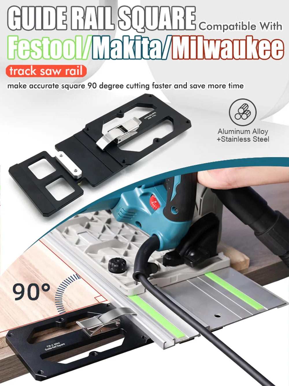 Woodworking Guide Rail Square Right Angle Positioning Plate Match TS55/TS75 Slide Rails Compatible with Festool/Makita/Milwaukee