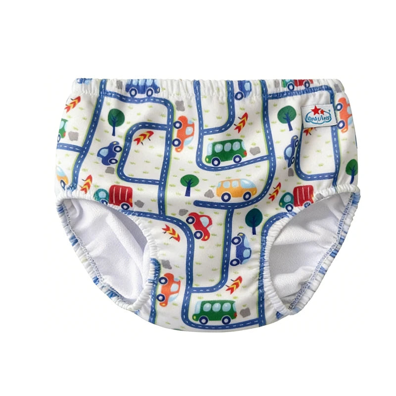 Baby care potty training pant with a cute cars and roads print. Washable toddler diaper training underwear.