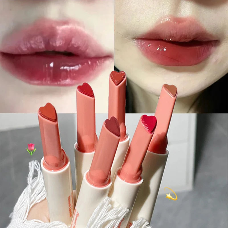 Heart-shaped moisturizing lip glaze pens with high-shine mirror finish, glossy jelly texture, and vibrant shades.