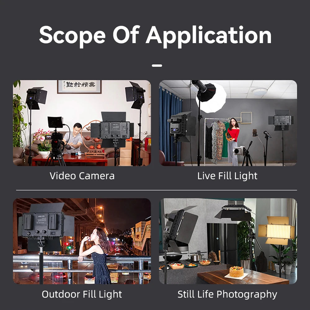 Black rectangular LED panel light with adjustable barn doors on stands for video recording, streaming, and photography.