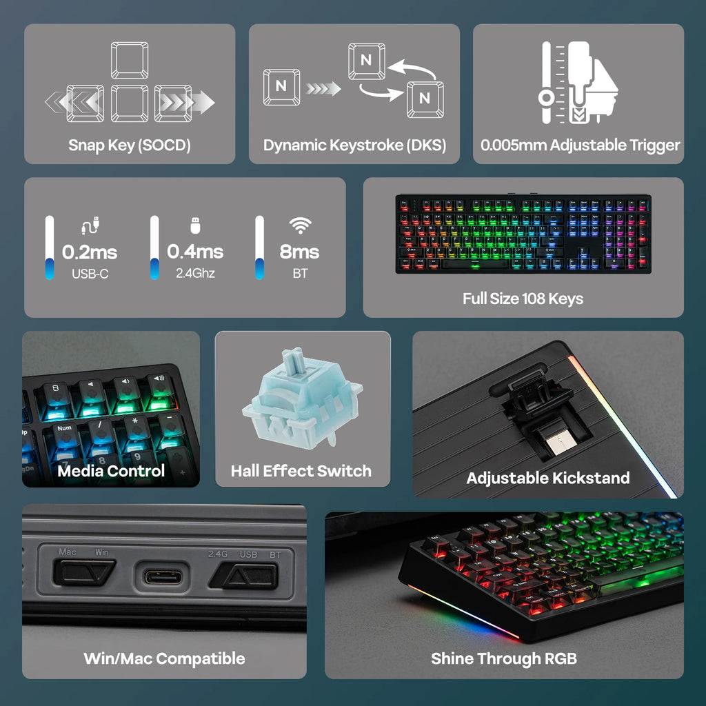 EPOMAKER HE108 100% ANSI US QWERTY Layout Wired/BT/2.4Ghz Wireless Hall Effect Mechanical Keyboard with SOCD/DKS & Rapid Trigger