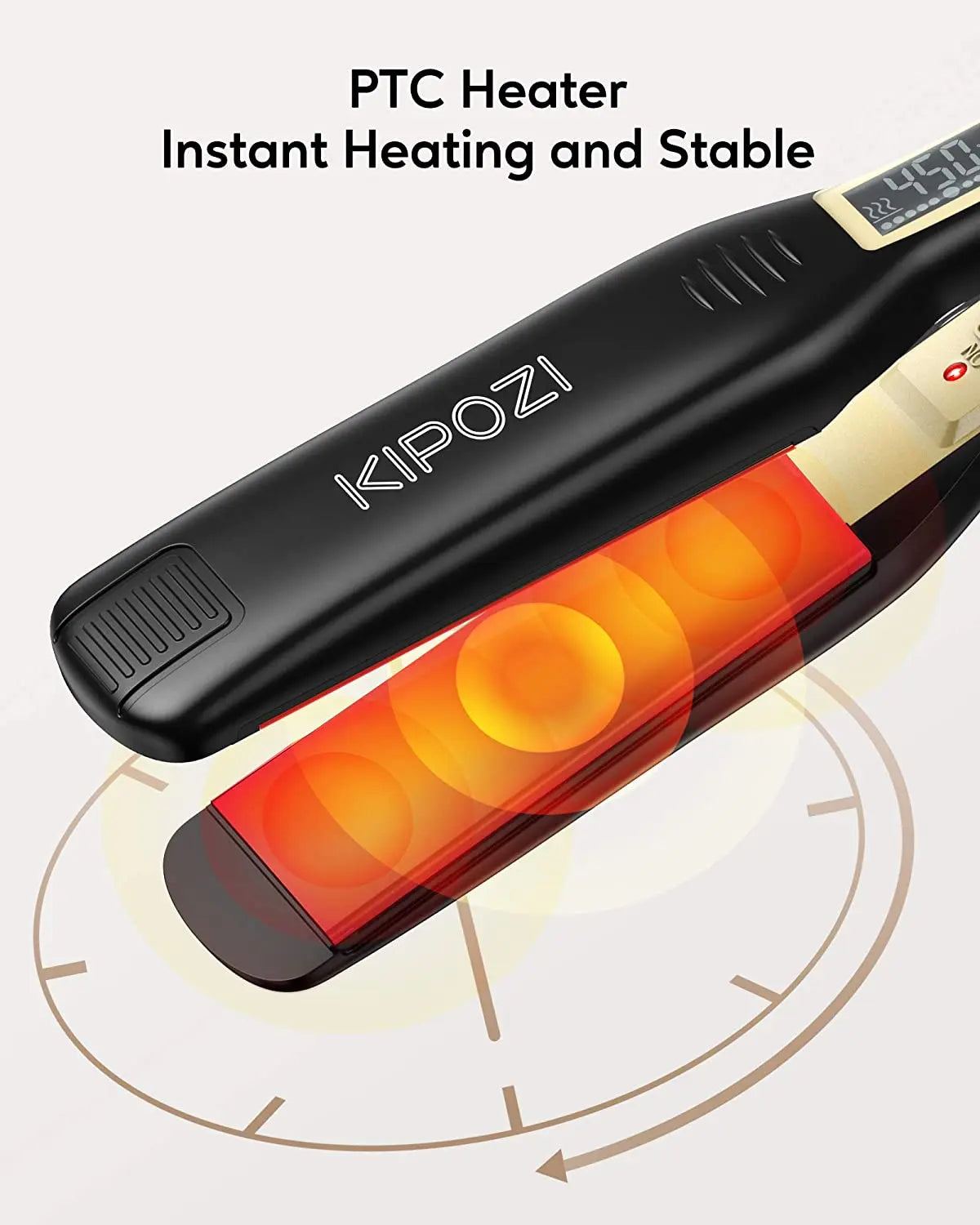 KIPOZI black titanium flat iron with LCD display showing rapid PTC heating technology for professional hair styling.