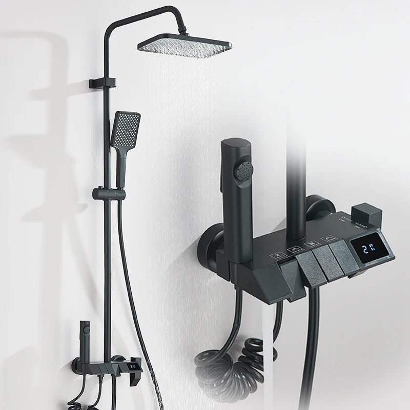 Rozin Black Digital Display Shower Faucet Set Piano Style Rainlfall Bathroom System Grey Digital Mixer Tap Bidet Shower