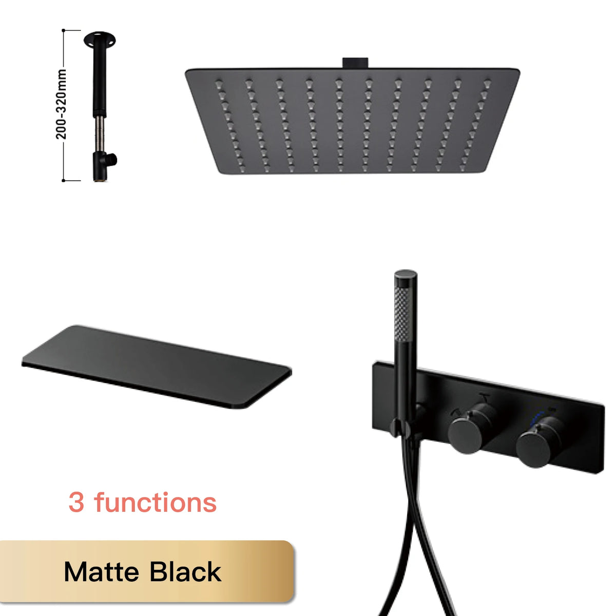 Matte black thermostatic shower system with rainfall ceiling head and 3-function wall mixer