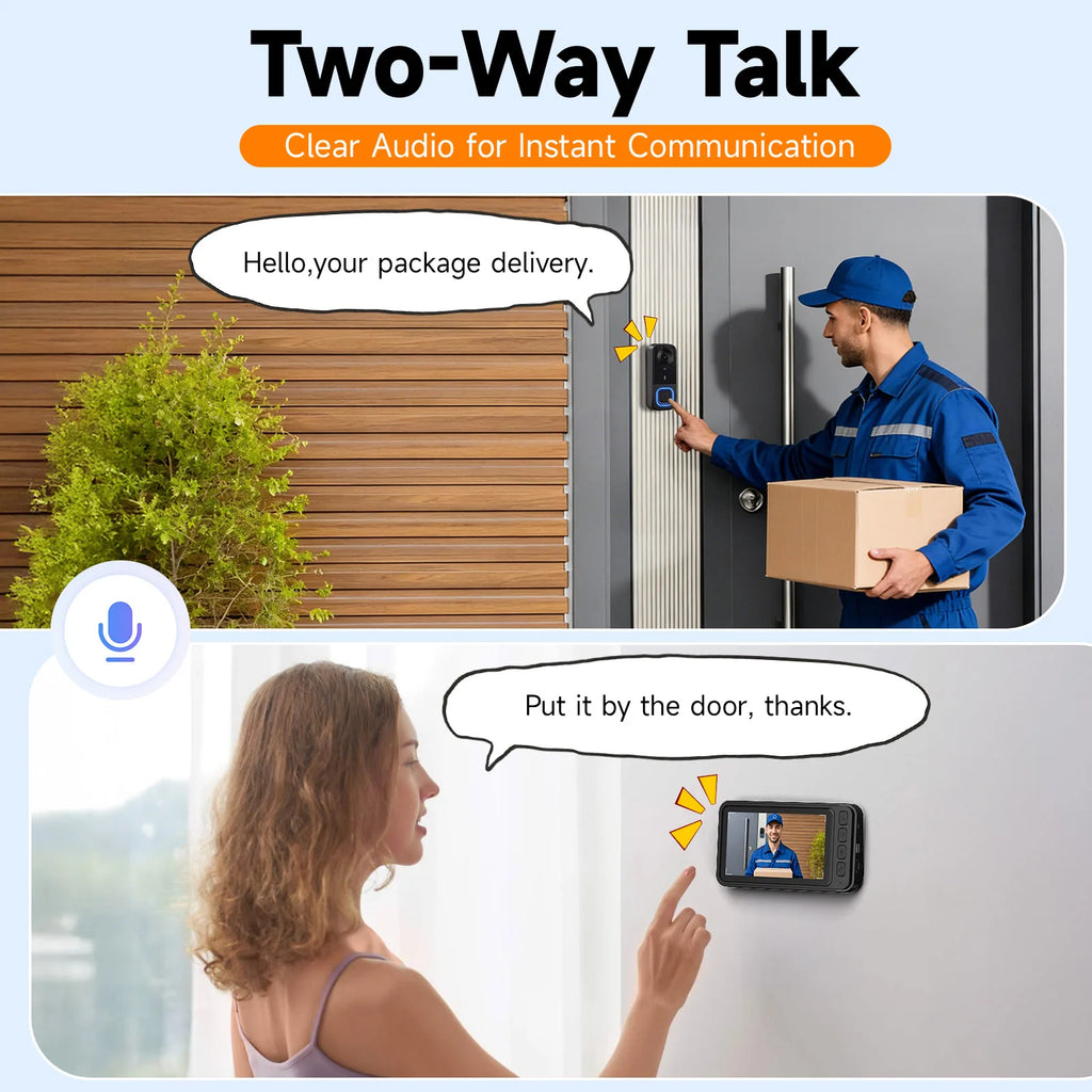 Video Doorbell HD Camera Night Vision No Monthly Fee Local Storage Up to 128GB Micro SD Card Two Way Talk IP66 Waterproof 300K Pixel Full Body View Local Screen Playback Desktop Stand Wall Bracket Day Night Protection for Hom