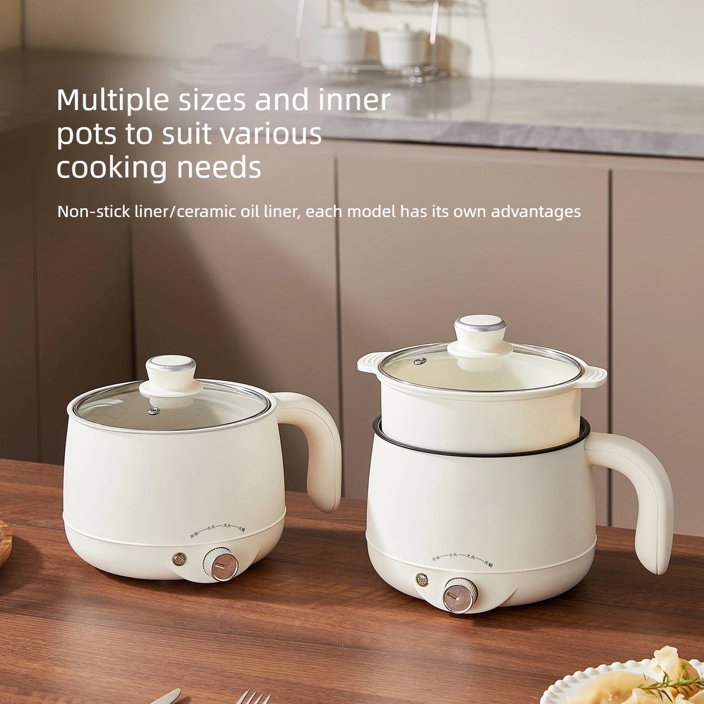 Two white electric hot pots with lids and side handles on a countertop