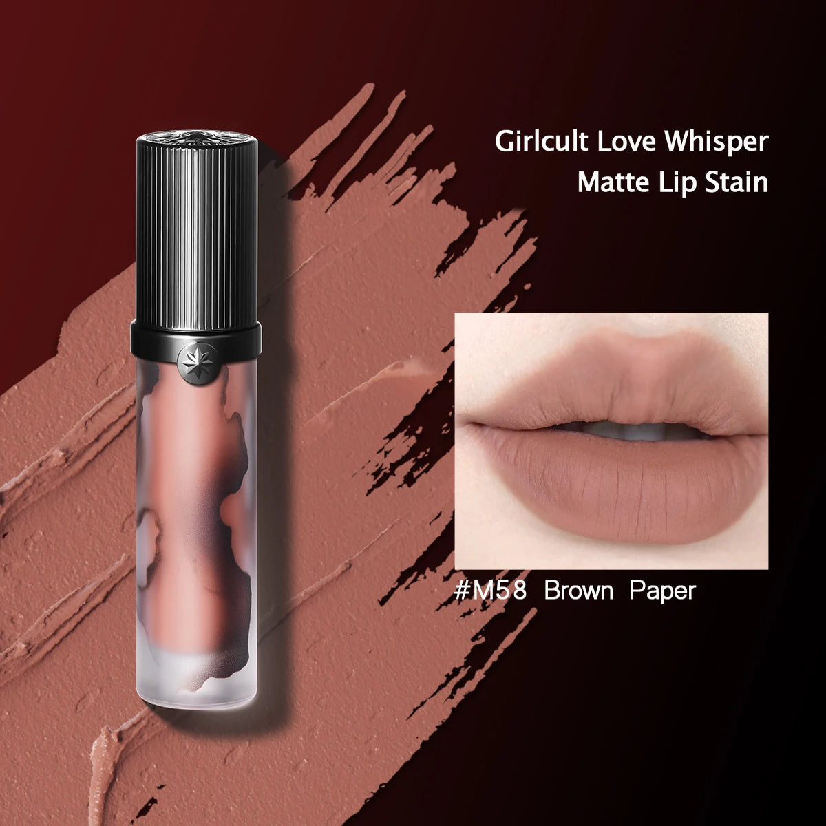 Girlcult Love Whisper Matte Lip Stain in #M58 Brown Paper. A velvet, soft-focus matte liquid lipstick with nude tone.