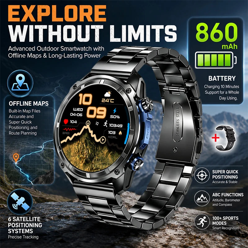 Outdoor GPS smart watch with black metal band and rugged round black face