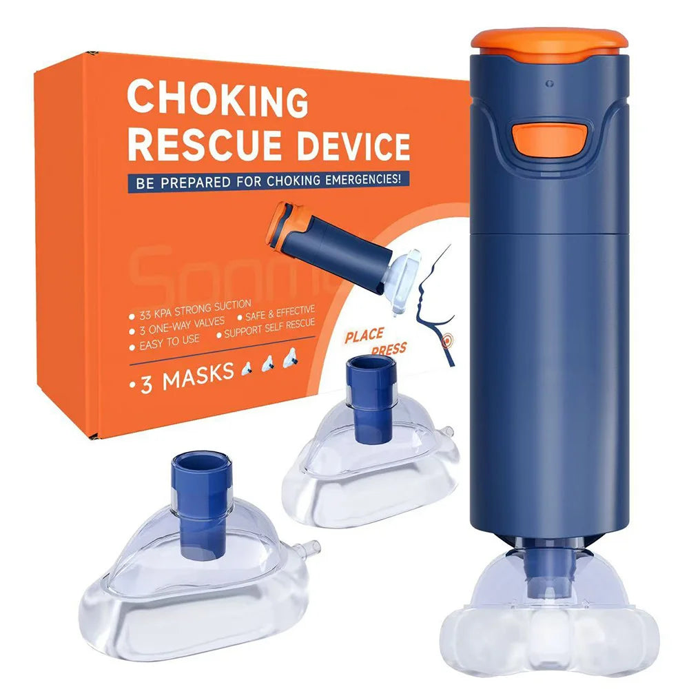 Blue and orange choking rescue device with 3 clear suction masks for adult and child emergency airway clearance.