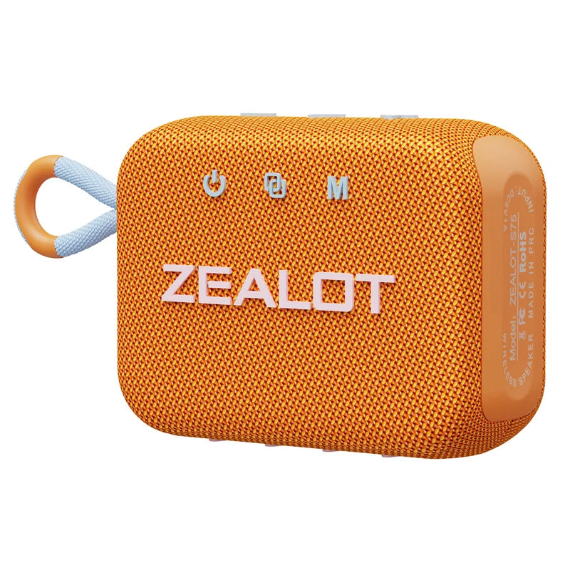 Portable wireless shower speaker, orange fabric with orange handle and control icons
