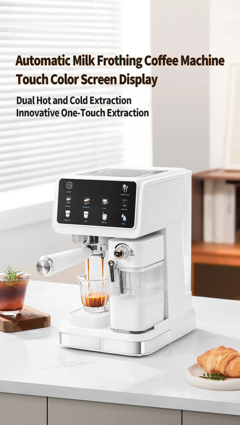 White automatic espresso machine with milk frother, touchscreen display, and dual hot and cold extraction system.
