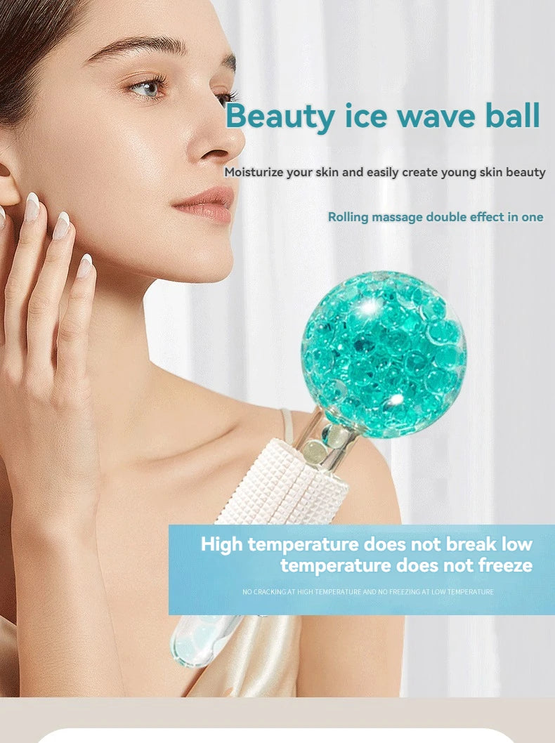 Woman holding a round facial ice globe massager filled with sparkling teal liquid beads and a white grip handle.