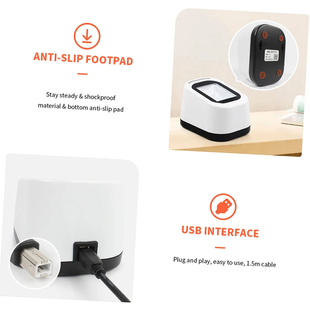 White wired barcode scanner showing USB connector and anti-slip footpad icons