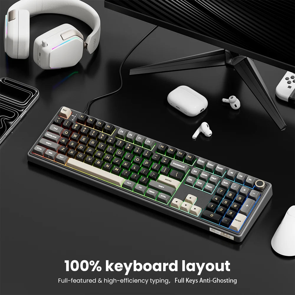 RK Royal Kludge R108 Wired Gamer Keyboard 100% 108 Keys MDA PBT Keycap Gasket RGB Hot-swappable Mechanical Keyboard Volume Knob