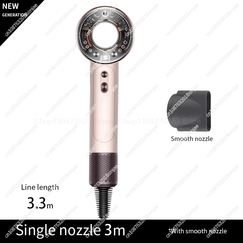 Gold leafless hair dryer with negative ion tech, smooth styling nozzle, and 3.3m cord for professional hair care.