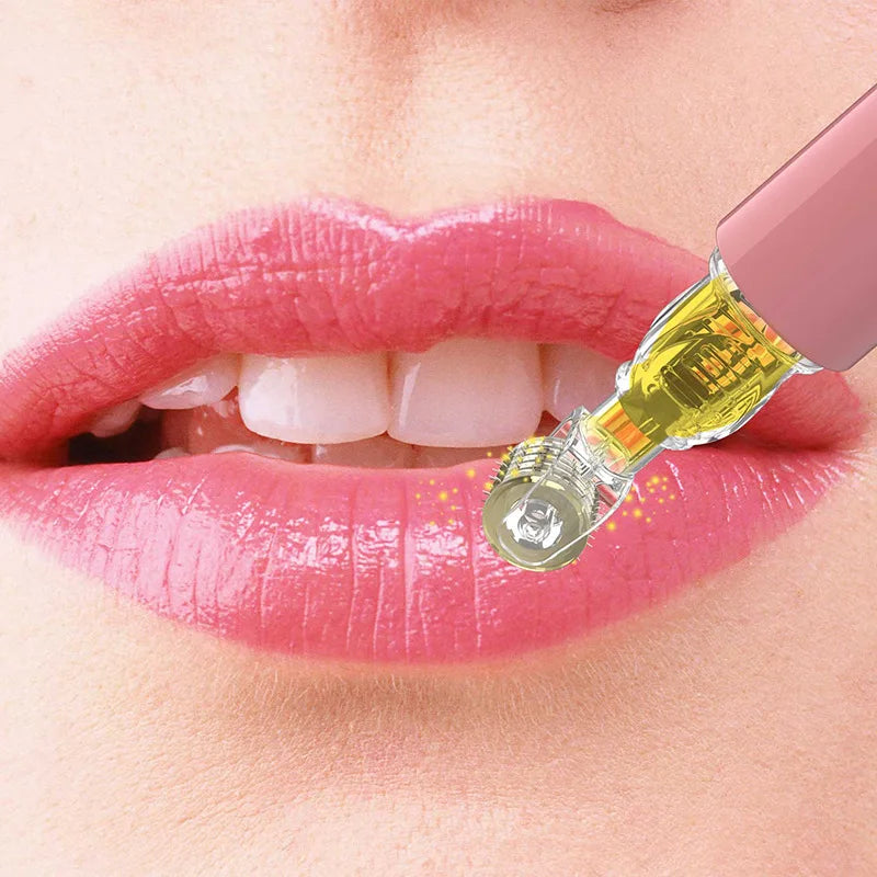 A pink-handled derma roller with a serum chamber applying liquid to a person's lips.