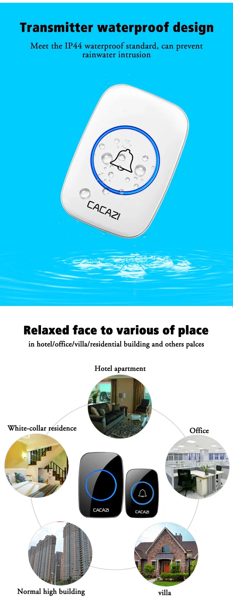 CACAZI 36 music 110DB 300M Wireless Doorbell Waterproof Remote Battery powered Smart Door Bell Battery 1  2 Button 1 2  Receiver