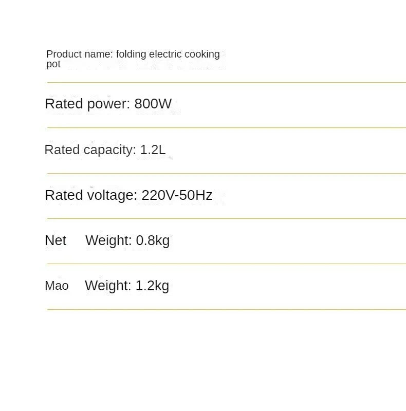 Folding electric cooking pot specifications page with capacity and voltage details