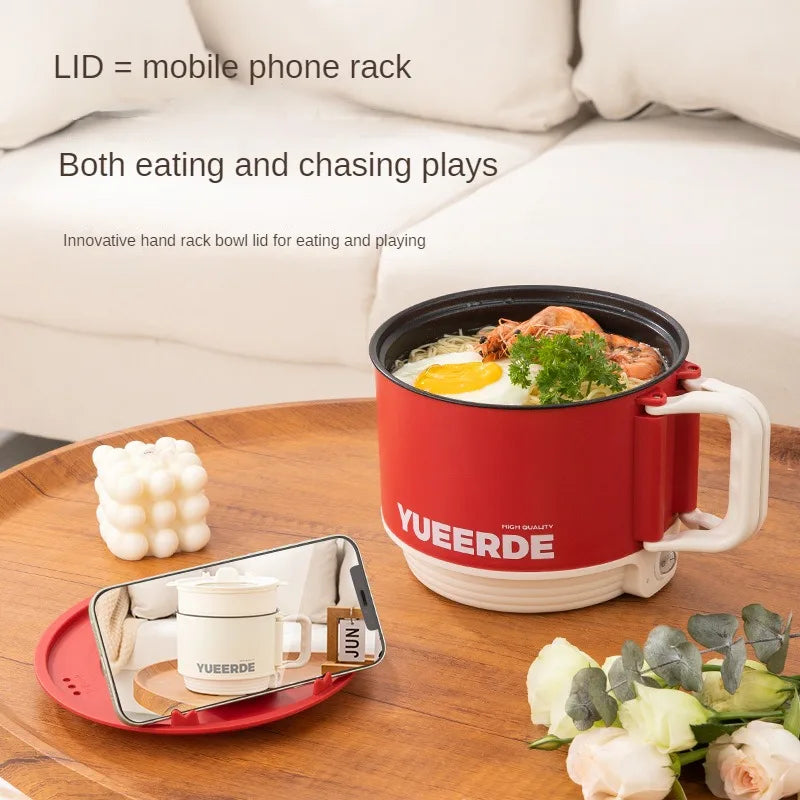 Red electric folding pot cooker with lid handle, filled hot pot, YUEERDE logo