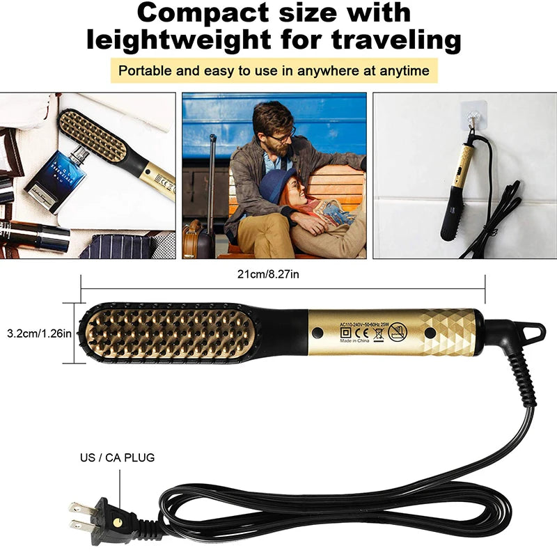 Gold and black mini beard and hair straightening comb, portable travel flat iron with cord and US plug.