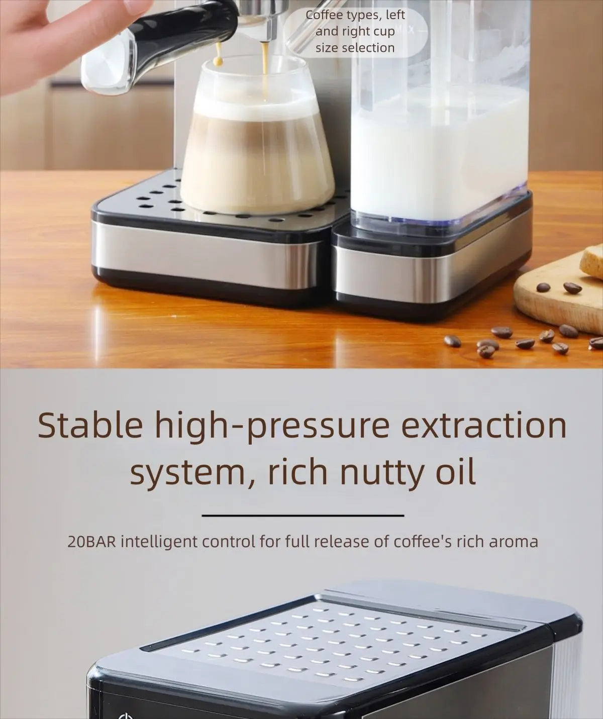 Silver and black 20-bar espresso machine with integrated milk frother dispensing coffee into a glass cup.